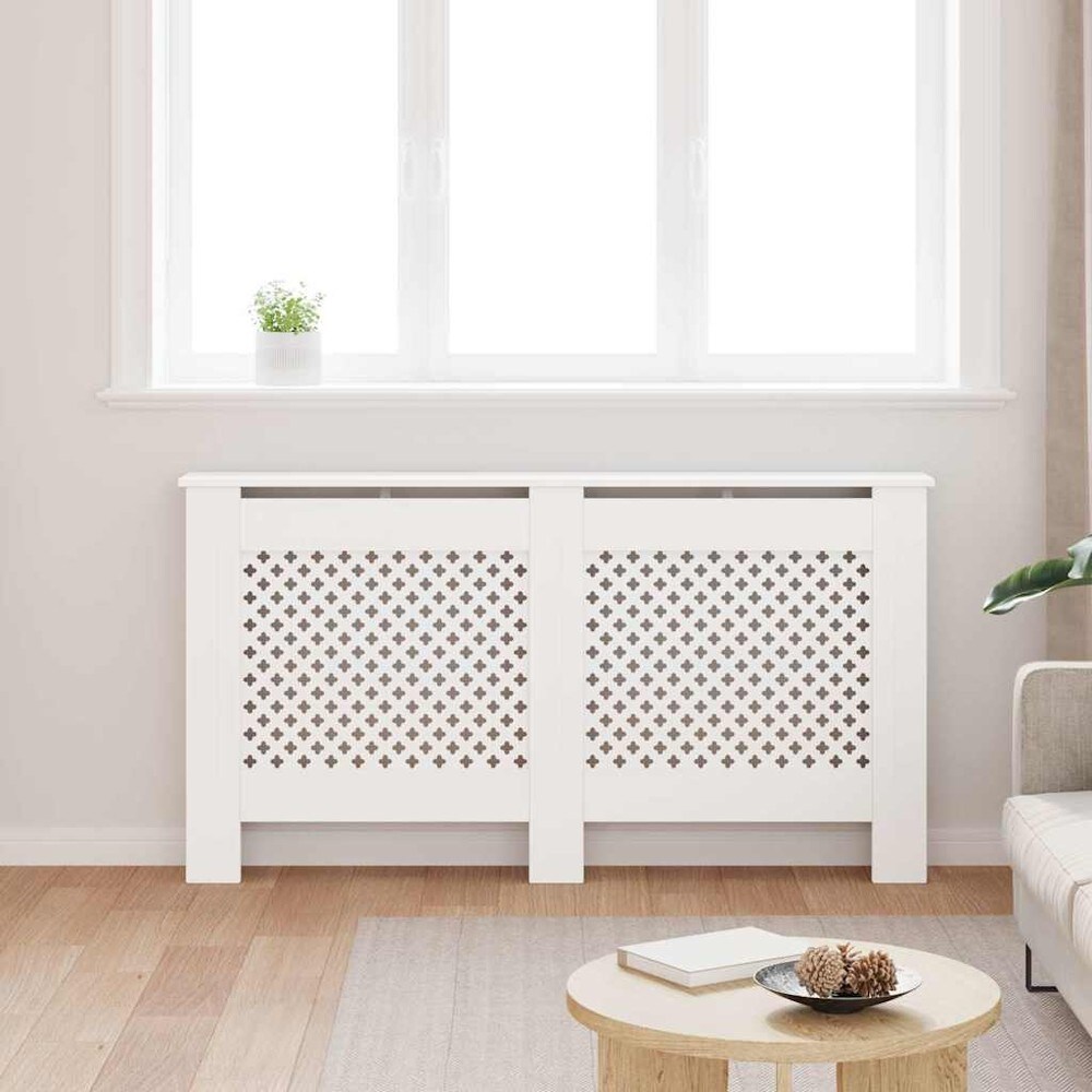 Elementskydd 152×19×81,5 cm / radiatorskydd med hylla och lamelldesign – Vit