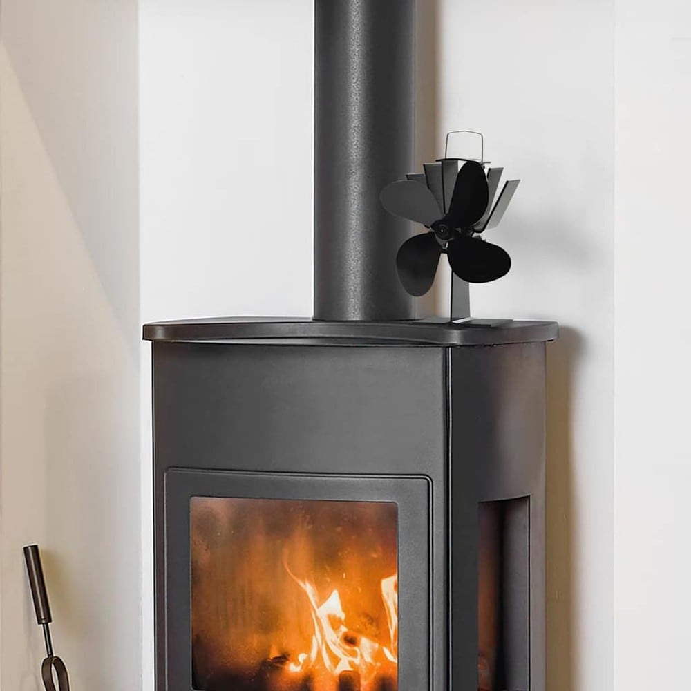 Kaminfläkt med 4 blad / värmedriven fläkt för kamin och eldstad 120–140 CFM – Svart