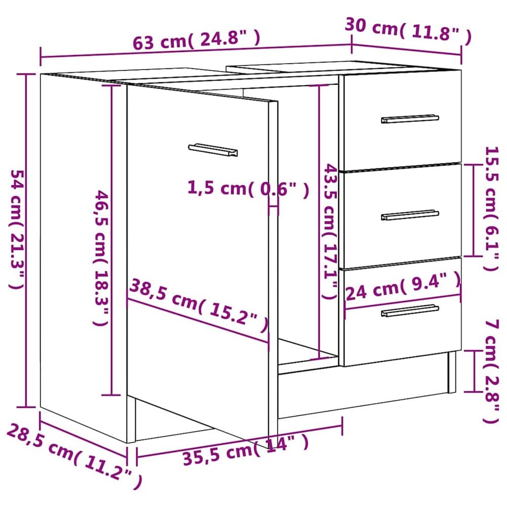 Tvättställsskåp 63x30x54 cm - Vit / Underskåp för handfat / Badrumskommod med lådor