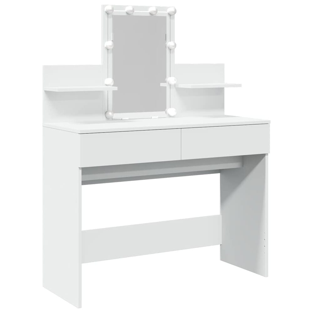 Sminkbord 100×40×130 cm / toalettbord med spegel, LED-belysning, 2 lådor och 2 hyllor – Vit