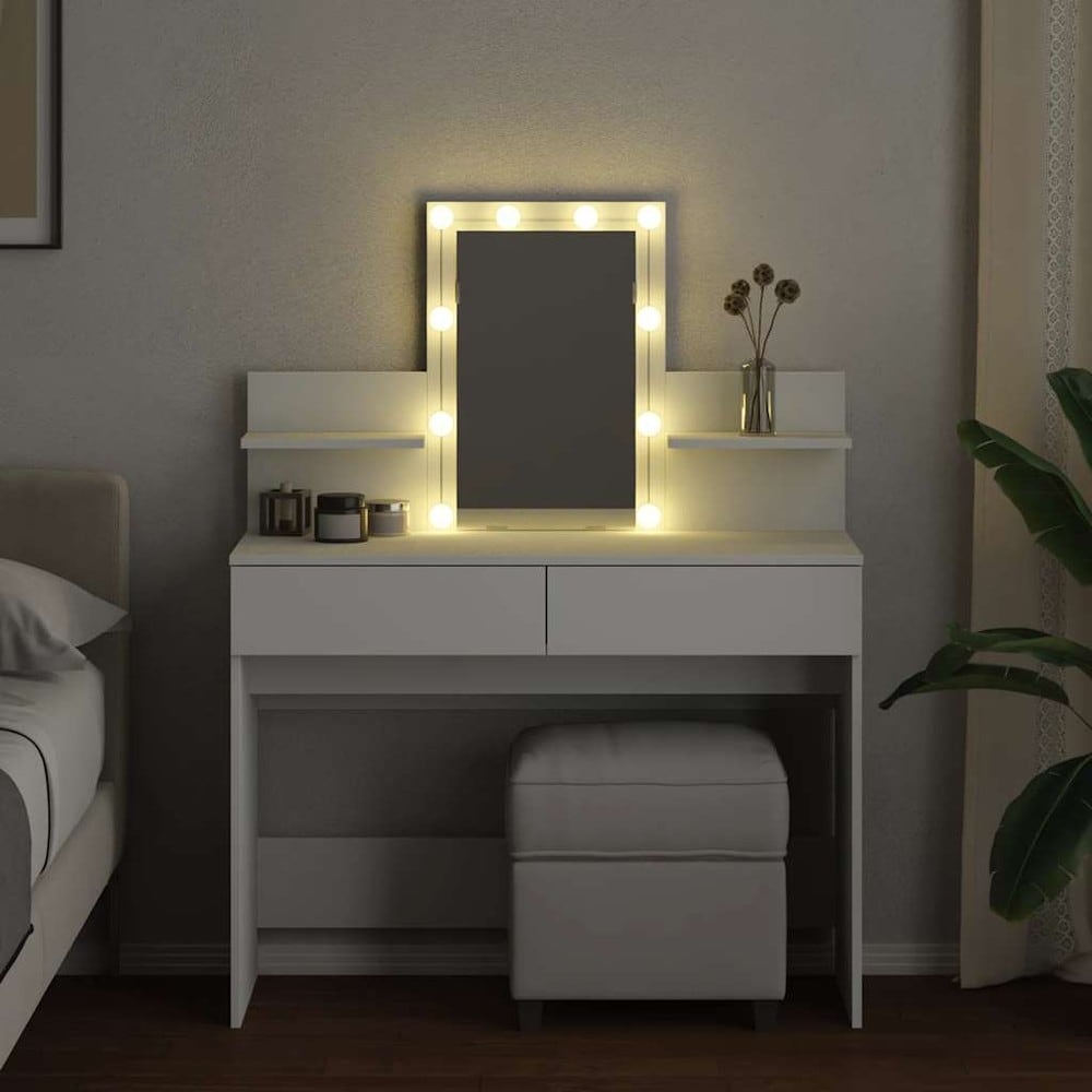 Sminkbord 100×40×130 cm / toalettbord med spegel, LED-belysning, 2 lådor och 2 hyllor – Vit