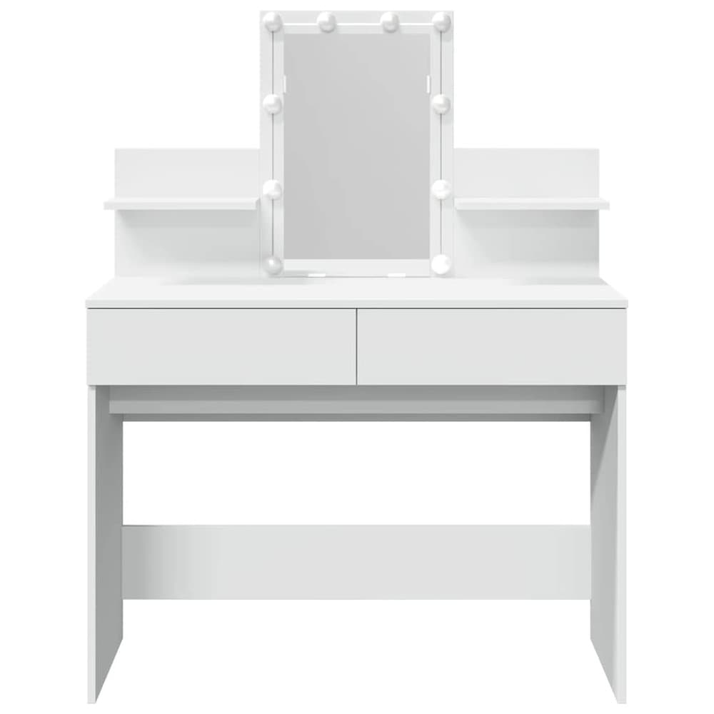 Sminkbord 100×40×130 cm / toalettbord med spegel, LED-belysning, 2 lådor och 2 hyllor – Vit