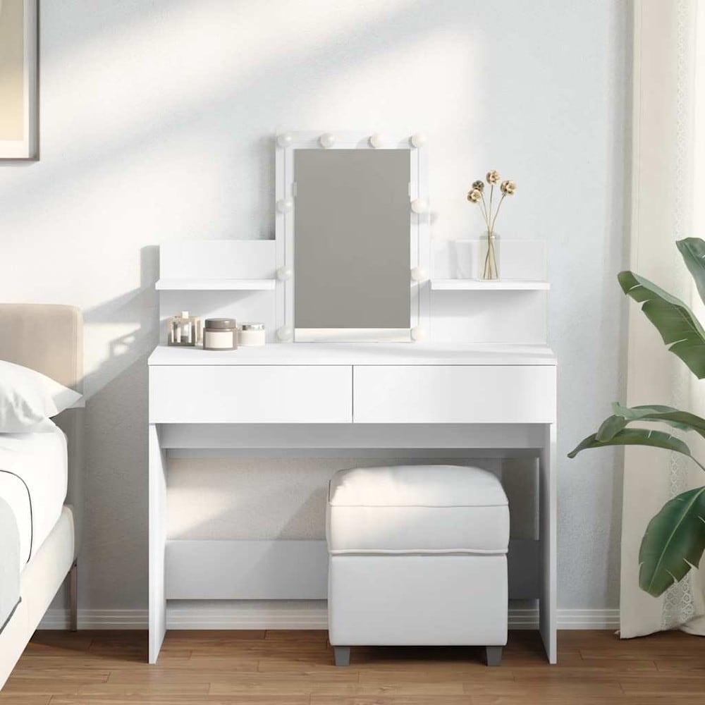 Sminkbord 100×40×130 cm / toalettbord med spegel, LED-belysning, 2 lådor och 2 hyllor – Vit