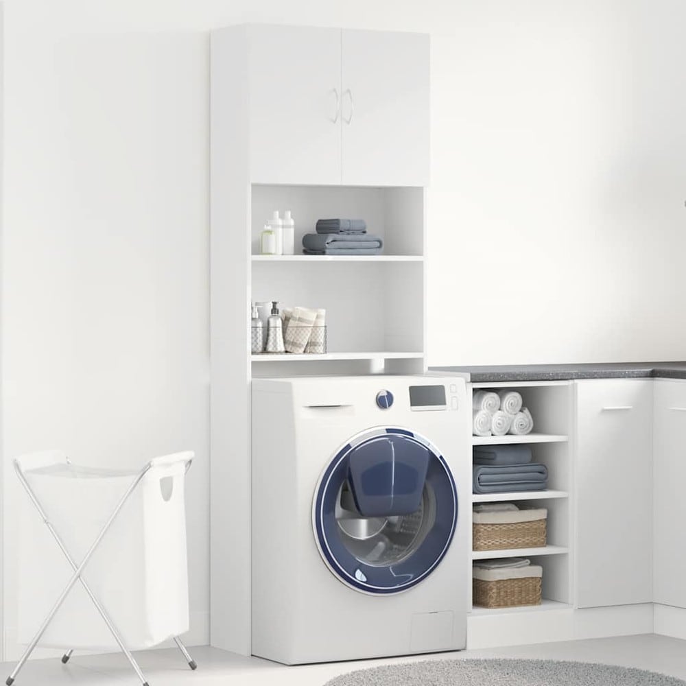 Högskåp för tvättmaskin 64×24×190 cm / tvättmaskinsskåp med dörrar och hyllfack – Vit