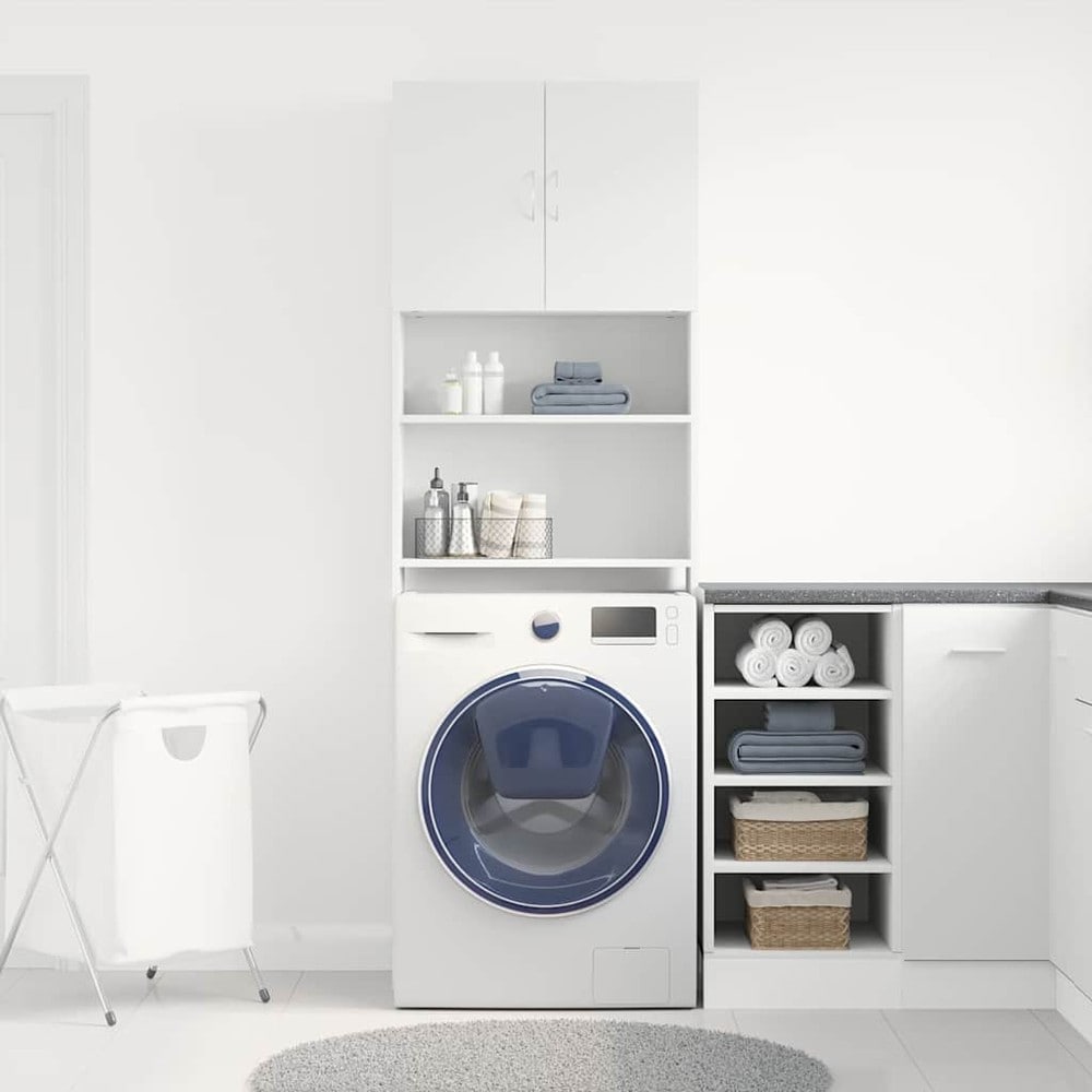 Högskåp för tvättmaskin 64×24×190 cm / tvättmaskinsskåp med dörrar och hyllfack – Vit