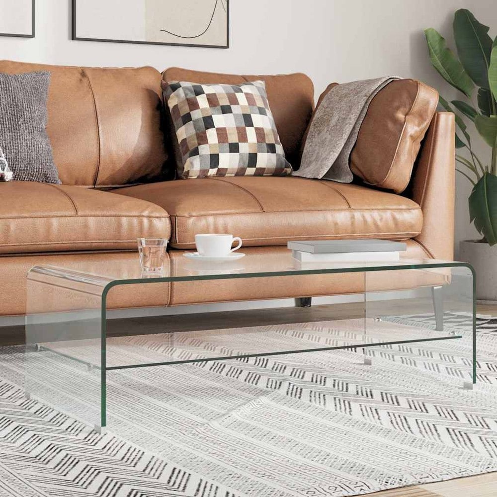 Soffbord 98×45×31 cm / glasbord i härdat glas / vardagsrumsbord med hylla – Transparent