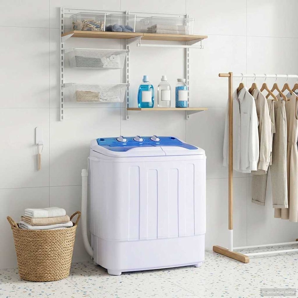 Minitvättmaskin med dubbla trummor 3,6 kg / kompakt tvättmaskin med centrifug 2 kg – Blå/vit