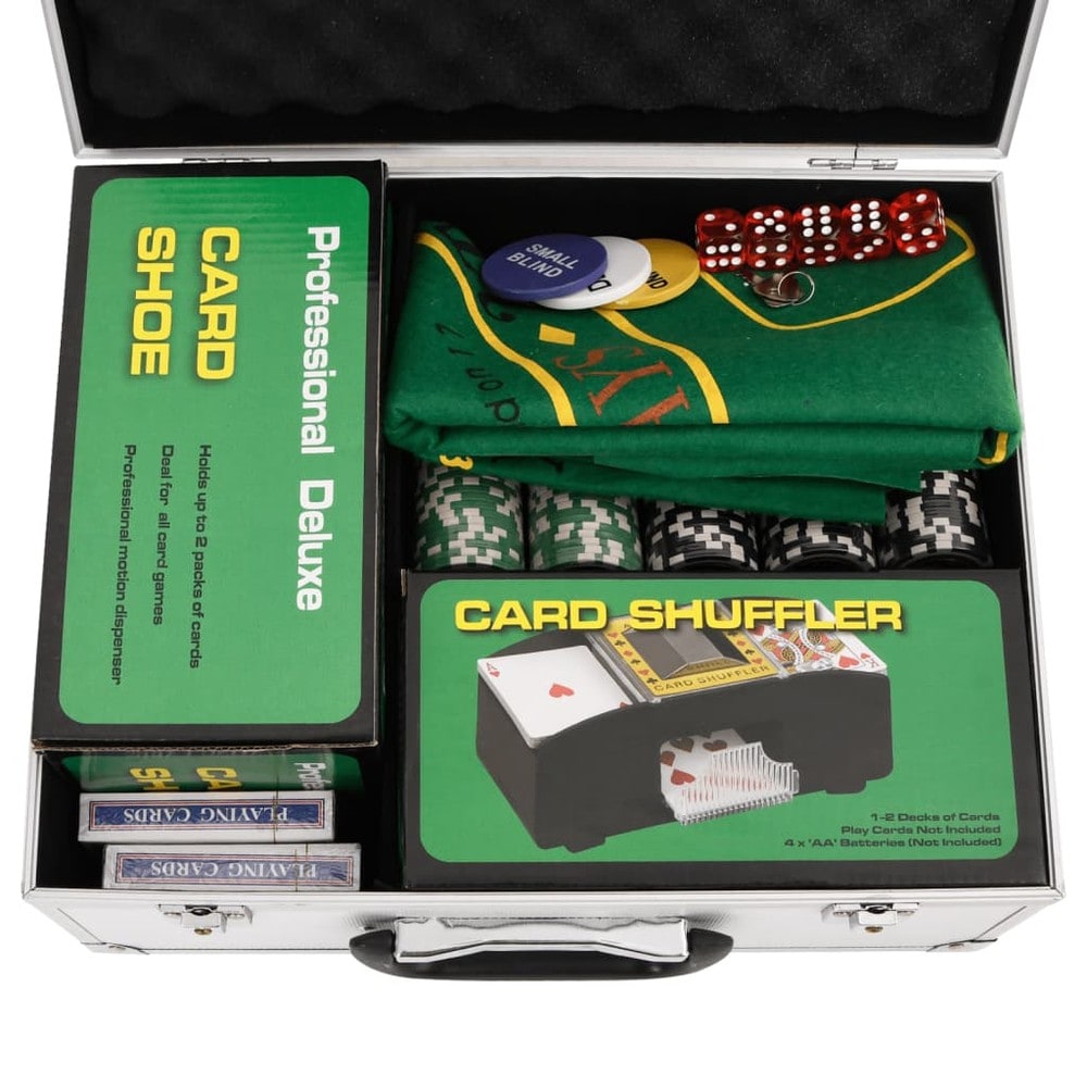 Pokerset 300 marker / pokerkit med kortblandare, kortsko, spelmatta och aluminiumväska