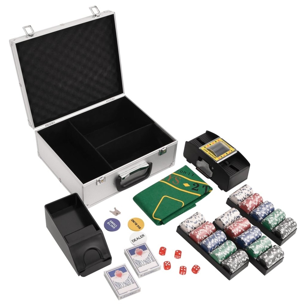 Pokerset 300 marker / pokerkit med kortblandare, kortsko, spelmatta och aluminiumväska