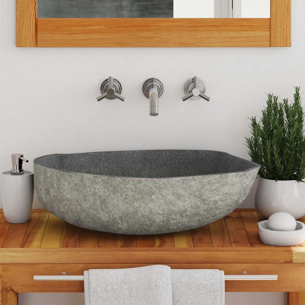 Handfat i flodsten 45–53×34–41 cm / ovalt tvättställ i natursten – Natur