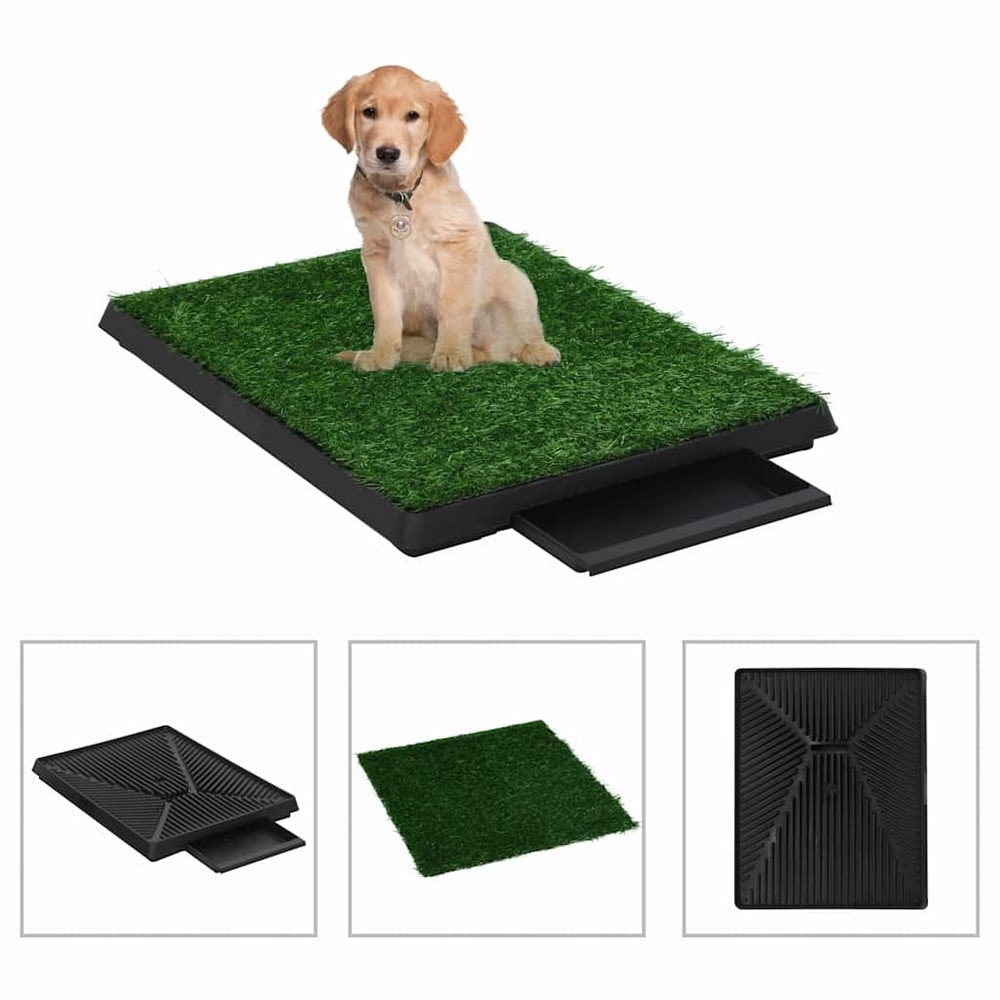 Hundtoalett med konstgräs 63×50×7 cm / djurtoalett med galler och uttagbart tråg – Grön/svart