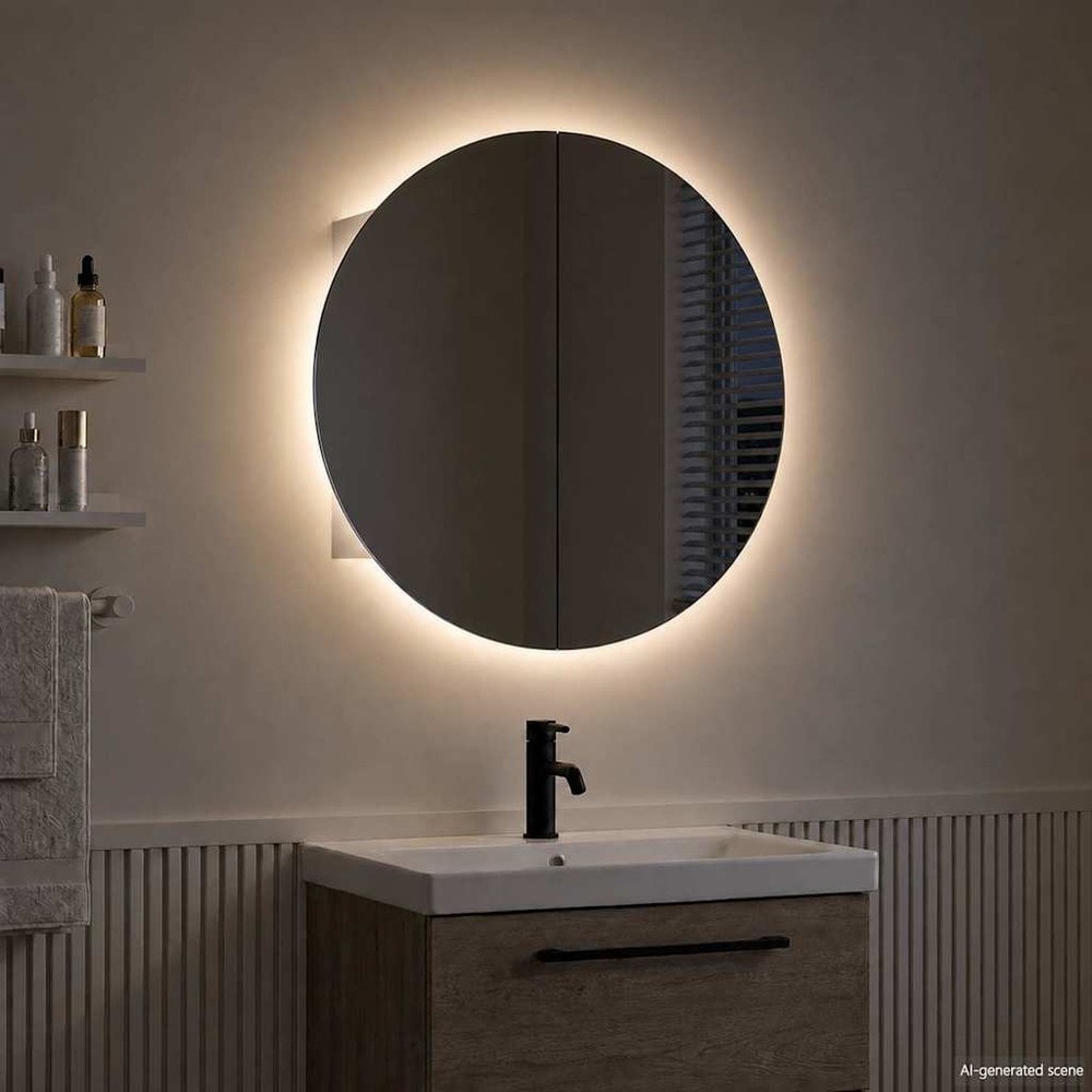 Badrumsskåp med rund spegel och LED Ø60 cm / spegelskåp med 2 hyllor och USB – Vit