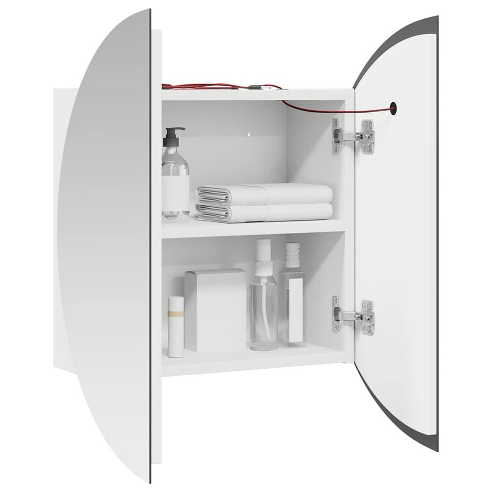Badrumsskåp med rund spegel och LED Ø60 cm / spegelskåp med 2 hyllor och USB – Vit
