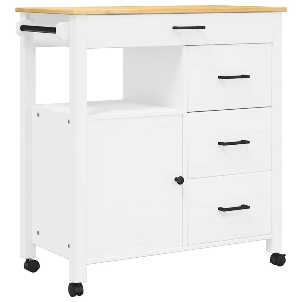 Köksvagn 84×40×88,5 cm / köksö på hjul med 4 lådor och skåp / serveringsvagn – Vit/natur