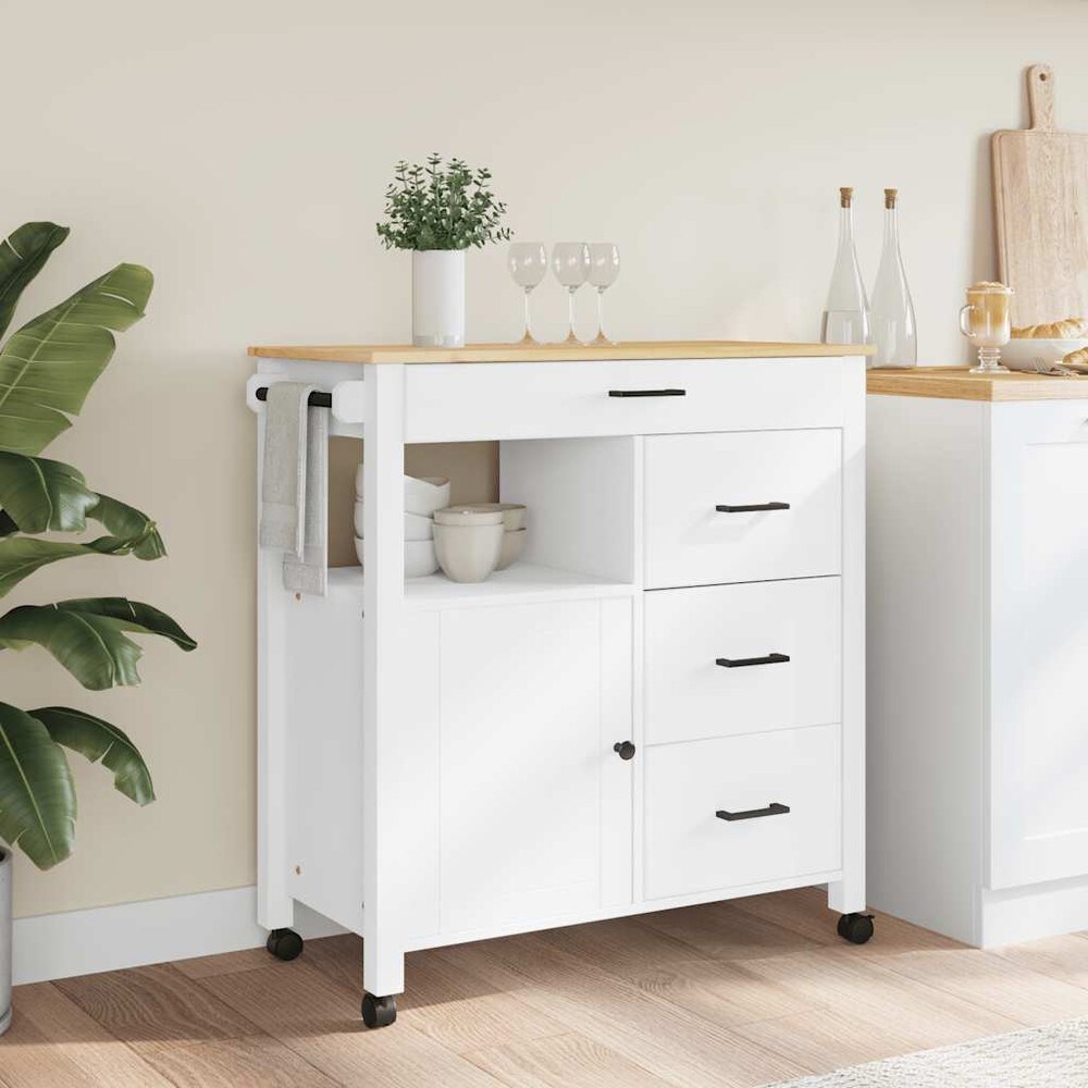 Köksvagn 84×40×88,5 cm / köksö på hjul med 4 lådor och skåp / serveringsvagn – Vit/natur