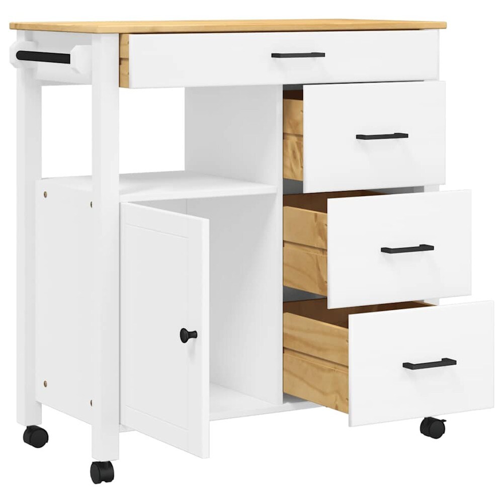 Köksvagn 84×40×88,5 cm / köksö på hjul med 4 lådor och skåp / serveringsvagn – Vit/natur