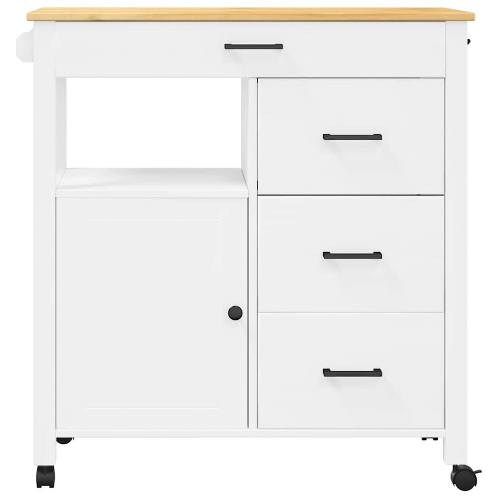 Köksvagn 84×40×88,5 cm / köksö på hjul med 4 lådor och skåp / serveringsvagn – Vit/natur