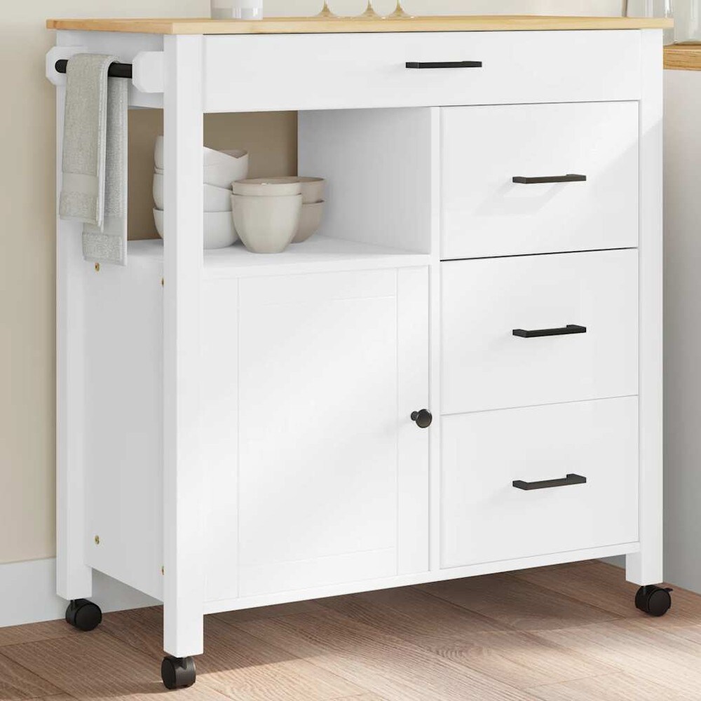 Köksvagn 84×40×88,5 cm / köksö på hjul med 4 lådor och skåp / serveringsvagn – Vit/natur