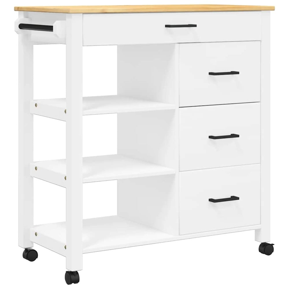 Köksvagn 84×40×88,5 cm / köksö på hjul med 4 lådor och 3 hyllor / serveringsvagn – Vit/natur