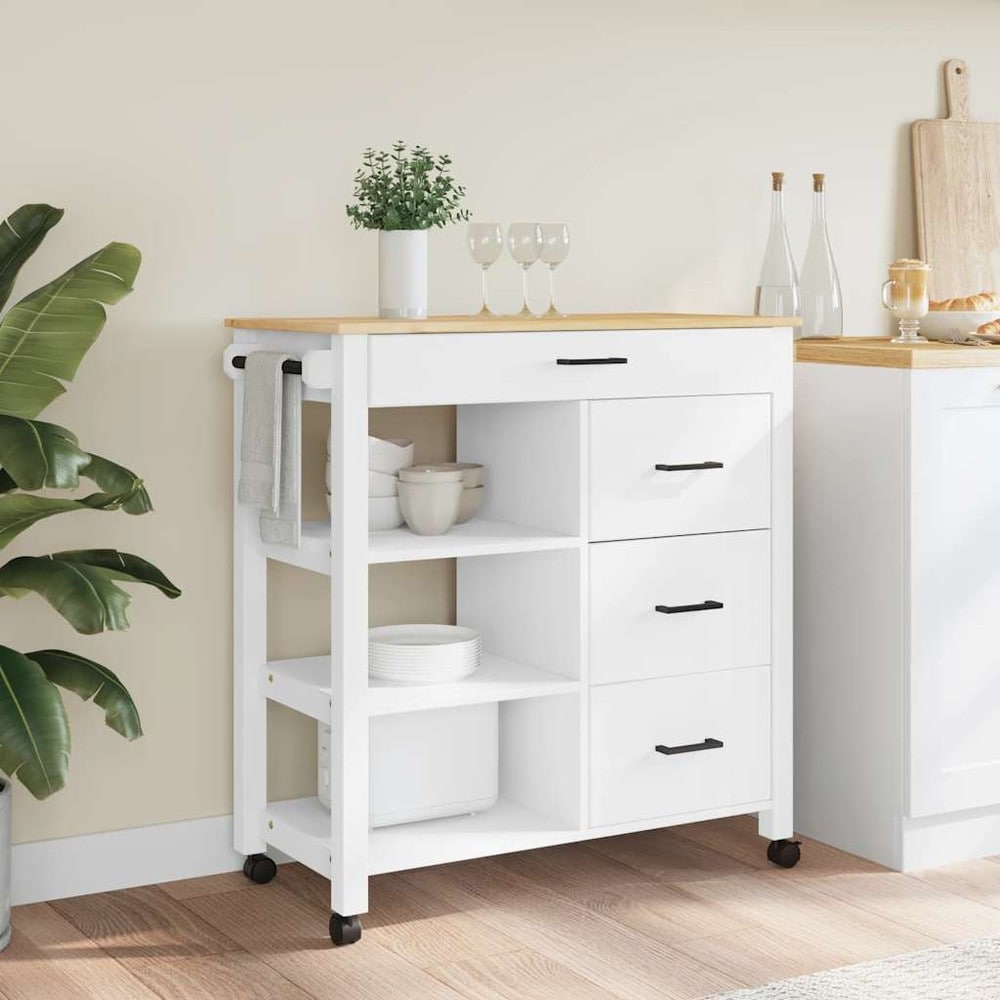 Köksvagn 84×40×88,5 cm / köksö på hjul med 4 lådor och 3 hyllor / serveringsvagn – Vit/natur
