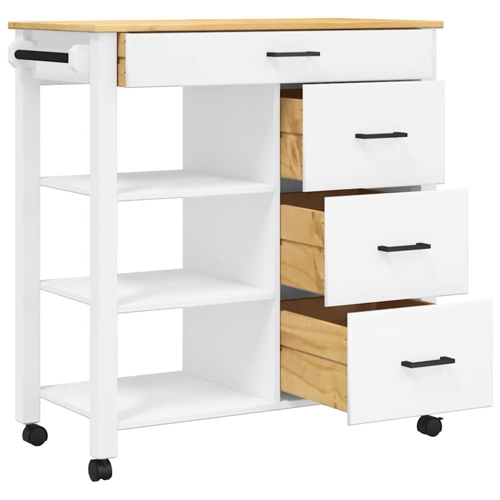 Köksvagn 84×40×88,5 cm / köksö på hjul med 4 lådor och 3 hyllor / serveringsvagn – Vit/natur