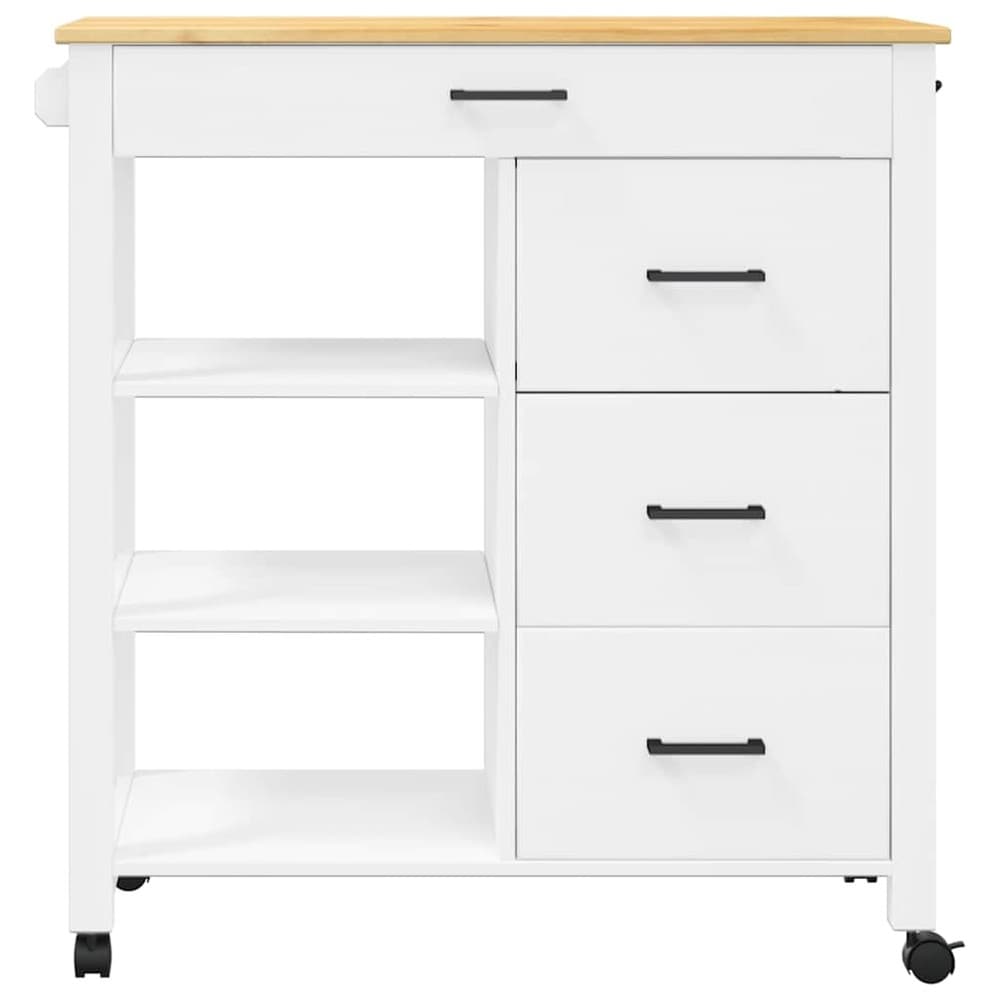 Köksvagn 84×40×88,5 cm / köksö på hjul med 4 lådor och 3 hyllor / serveringsvagn – Vit/natur