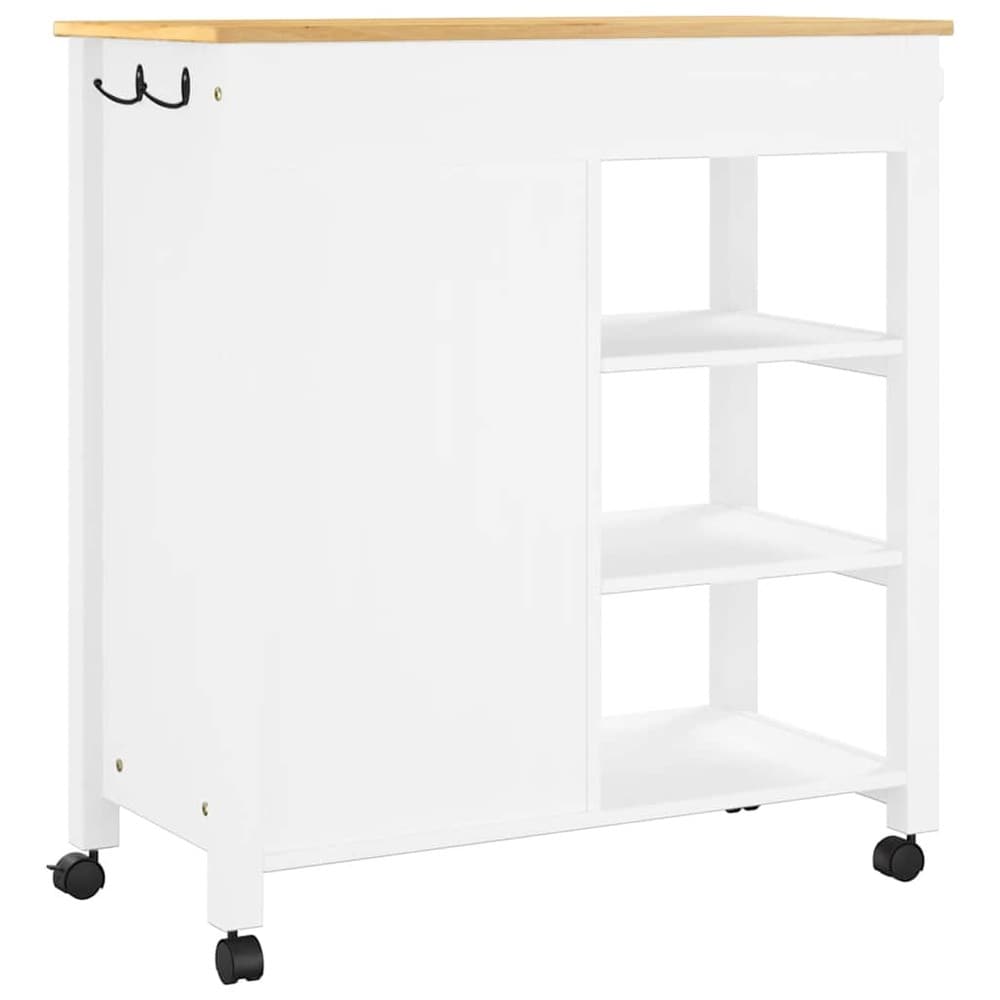 Köksvagn 84×40×88,5 cm / köksö på hjul med 4 lådor och 3 hyllor / serveringsvagn – Vit/natur