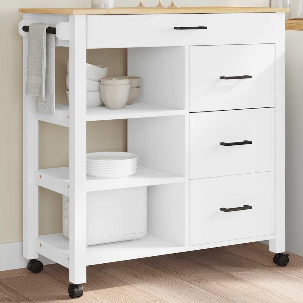 Köksvagn 84×40×88,5 cm / köksö på hjul med 4 lådor och 3 hyllor / serveringsvagn – Vit/natur