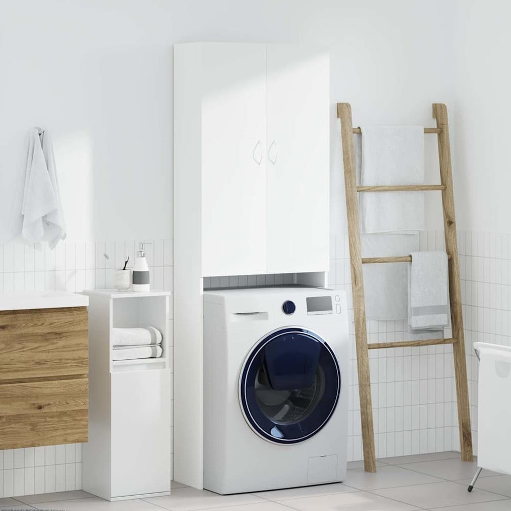 Tvättmaskinsskåp 64×25,5×190 cm / badrumsskåp över tvättmaskin / högskåp – Vit