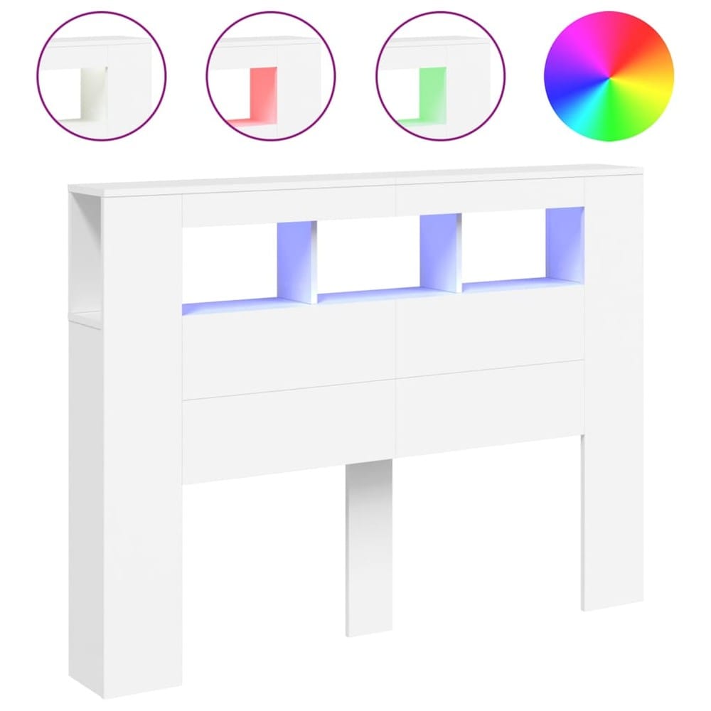 Sänggavel med LED 140×18,5×103,5 cm / huvudgavel med RGB-belysning och avlastningsyta – Vit