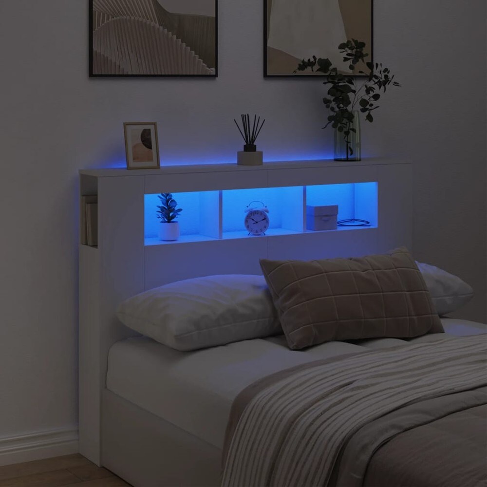 Sänggavel med LED 140×18,5×103,5 cm / huvudgavel med RGB-belysning och avlastningsyta – Vit