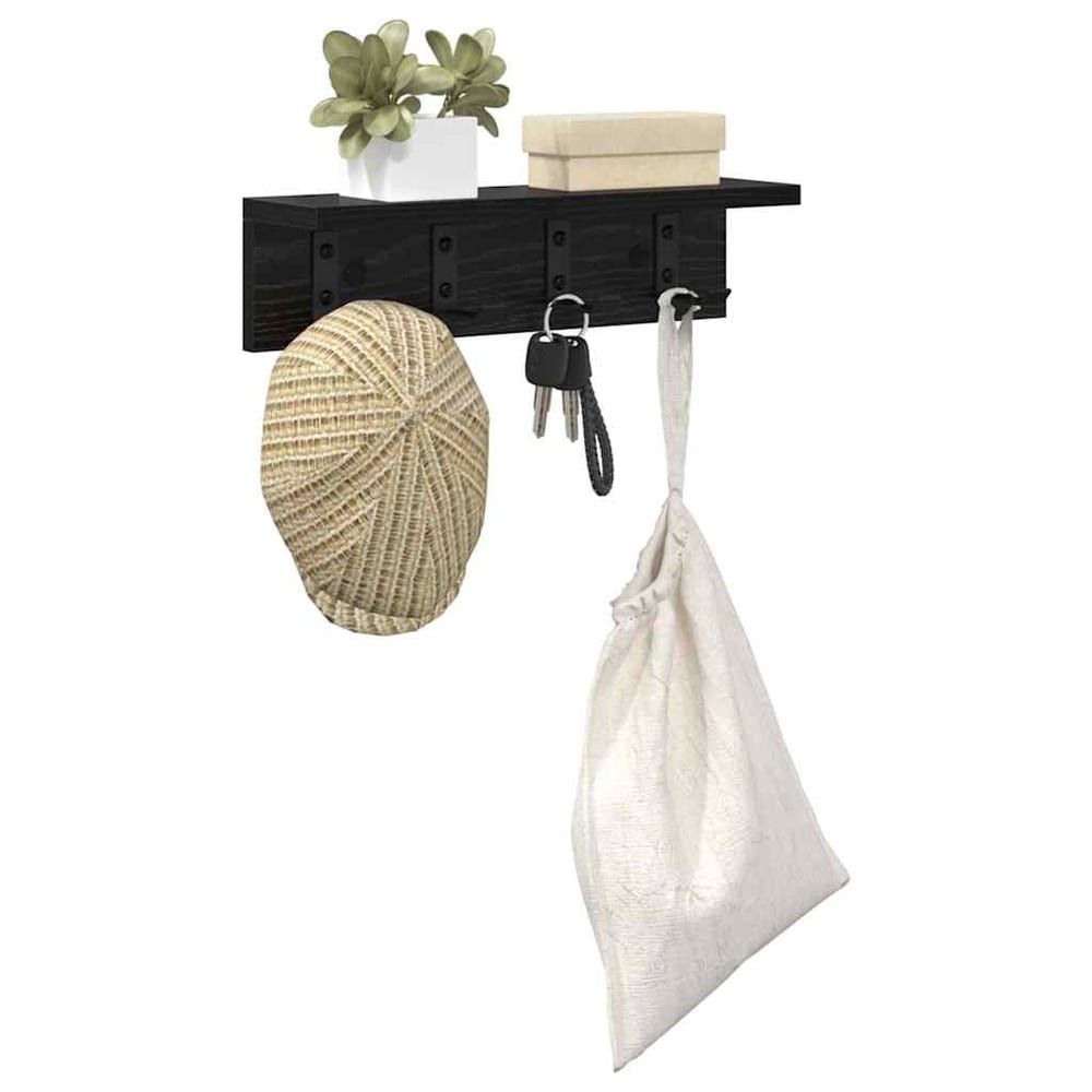 Hatthylla 40×10,5×10,5 cm / vägghylla med krokar / klädhängare för hall – Svart