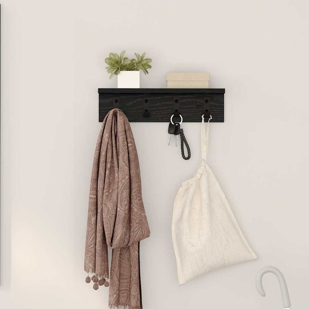 Hatthylla 40×10,5×10,5 cm / vägghylla med krokar / klädhängare för hall – Svart