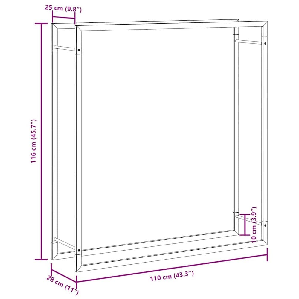 Vedställ 110×28×116 cm / vedförvaring i pulverlackerat stål – Mattsvart