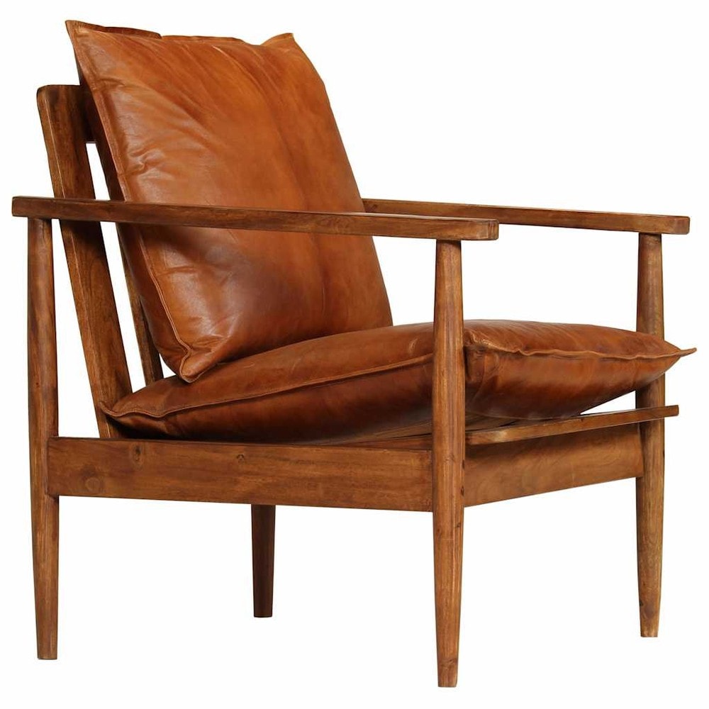 Fåtölj i äkta läder och akaciaträ 52×65×72 cm / retro läderfåtölj / loungestol – Brun