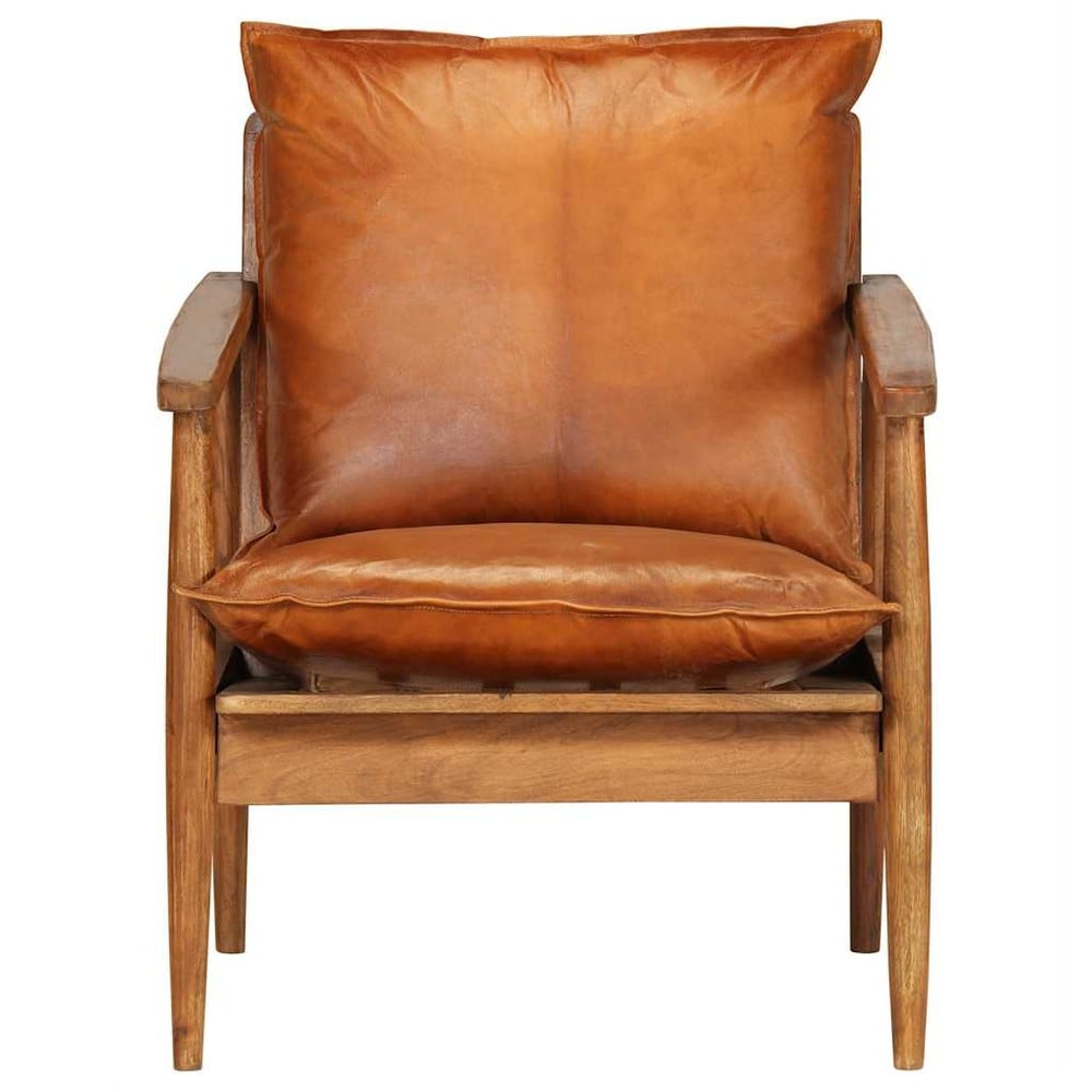 Fåtölj i äkta läder och akaciaträ 52×65×72 cm / retro läderfåtölj / loungestol – Brun