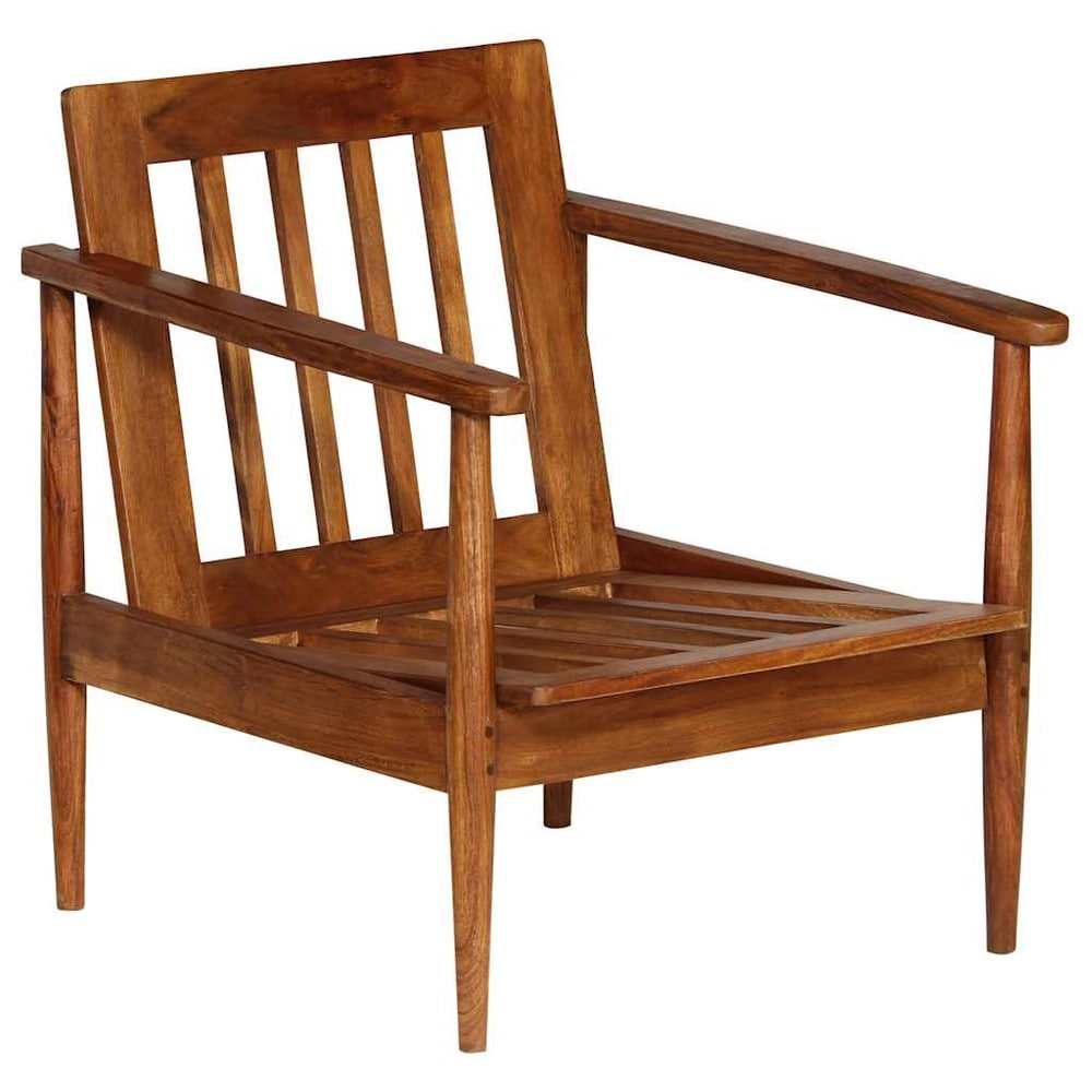 Fåtölj i äkta läder och akaciaträ 52×65×72 cm / retro läderfåtölj / loungestol – Brun