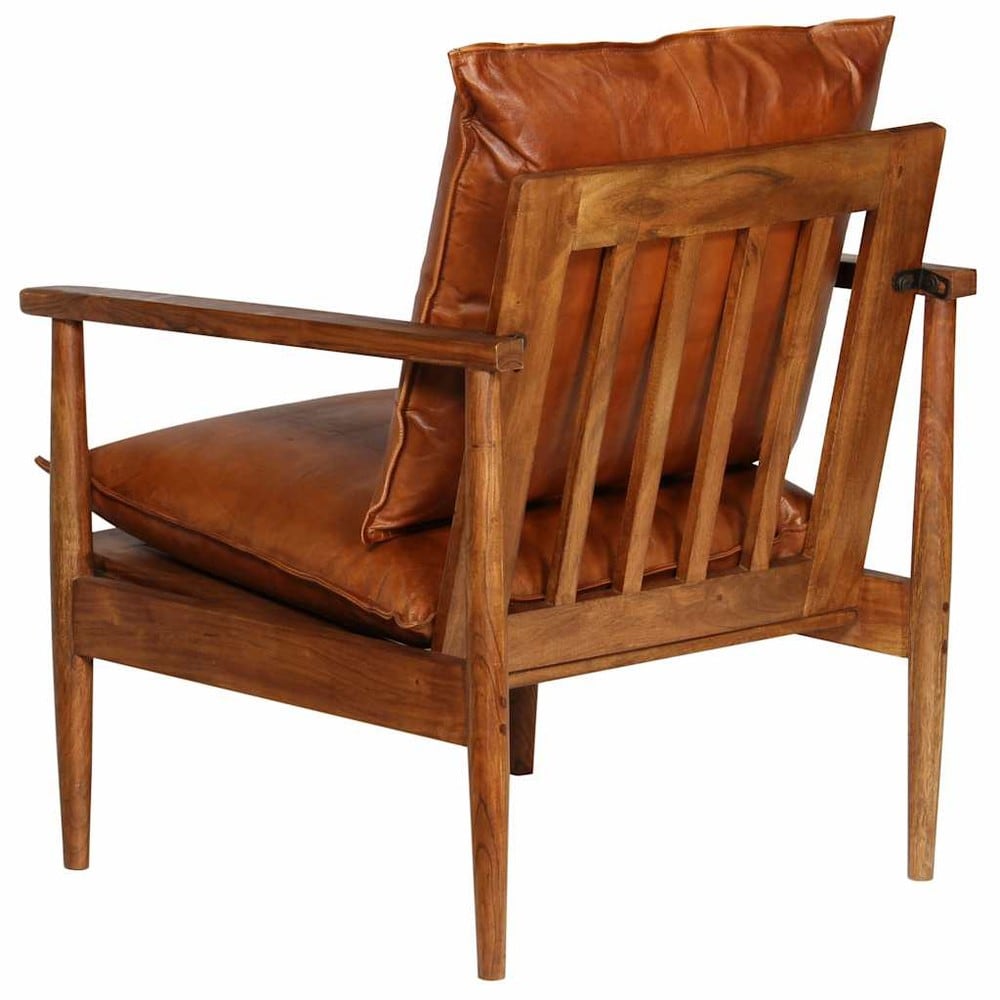 Fåtölj i äkta läder och akaciaträ 52×65×72 cm / retro läderfåtölj / loungestol – Brun