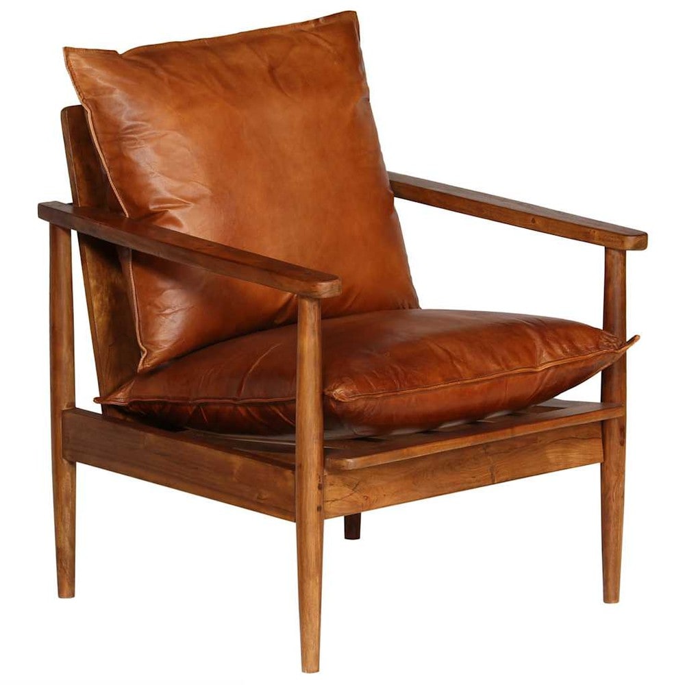 Fåtölj i äkta läder och akaciaträ 52×65×72 cm / retro läderfåtölj / loungestol – Brun