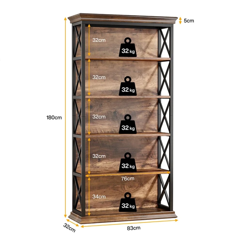 Bokhylla 83×32×180 cm med 6 hyllplan / golvhylla med metallram och trälook – Svart/brun