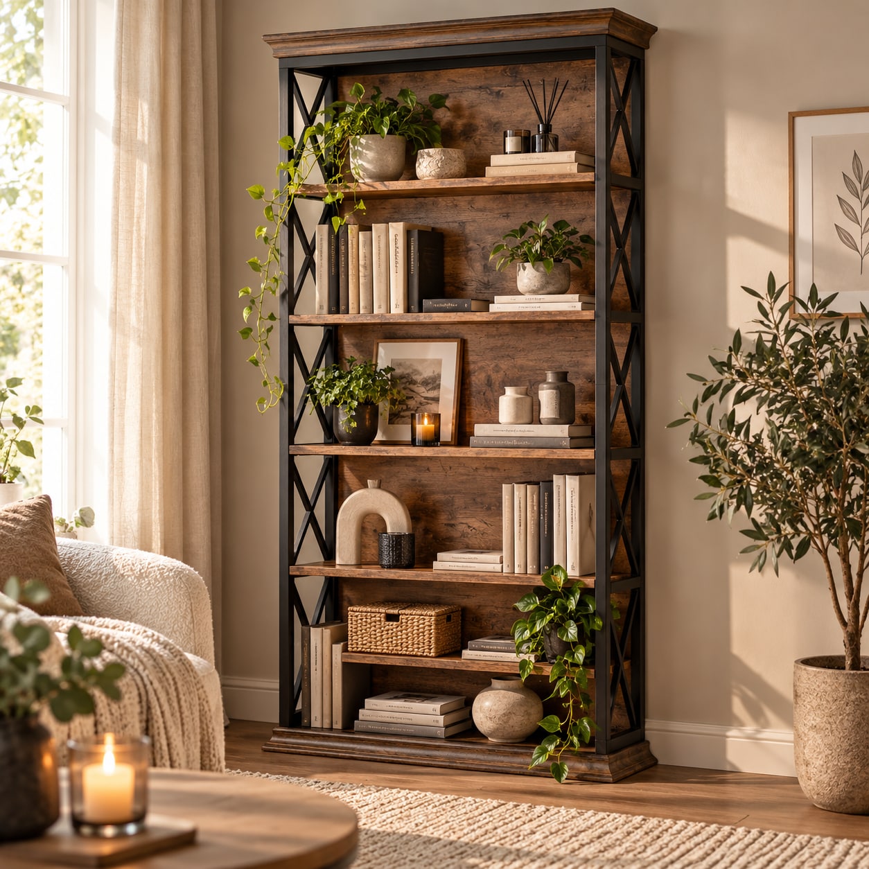 Bokhylla 83×32×180 cm med 6 hyllplan / golvhylla med metallram och trälook – Svart/brun