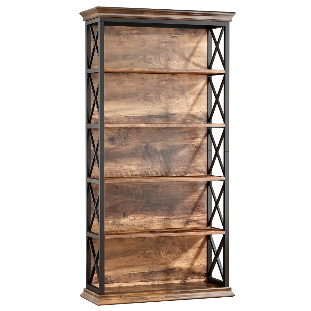 Bokhylla 83×32×180 cm med 6 hyllplan / golvhylla med metallram och trälook – Svart/brun