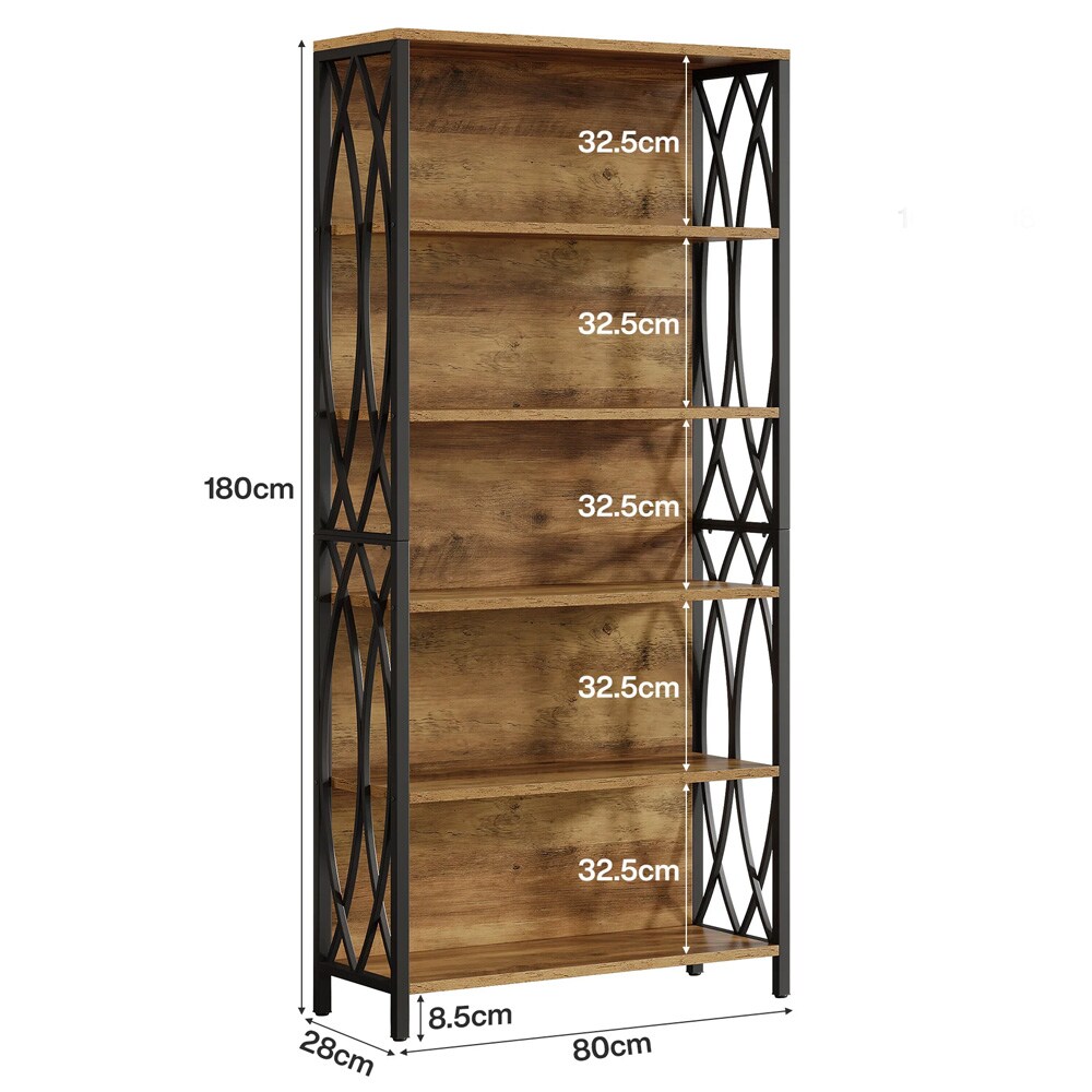 Bokhylla 80×28×180 cm med 6 hyllplan / öppen förvaringshylla med metallram – Rustik brun/svart