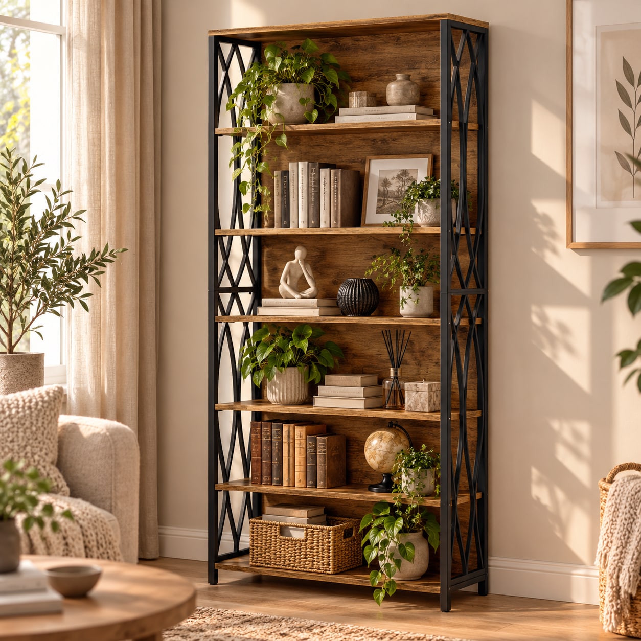Bokhylla 80×28×180 cm med 6 hyllplan / öppen förvaringshylla med metallram – Rustik brun/svart