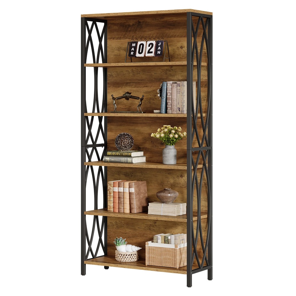 Bokhylla 80×28×180 cm med 6 hyllplan / öppen förvaringshylla med metallram – Rustik brun/svart