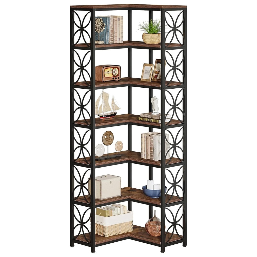 Hörnhylla 60×60×200 cm / hörnbokhylla med 7 hyllplan / hylla – Rustik brun/svart