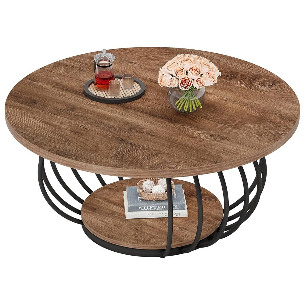 Runt soffbord Ø100×46 cm / vardagsrumsbord / bord med metallram – Rustik brun/svart