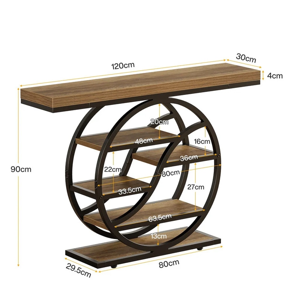 Konsolbord 120×30×88 cm / avlastningsbord / sidobord med rund metallram och hyllor – Brun/svart