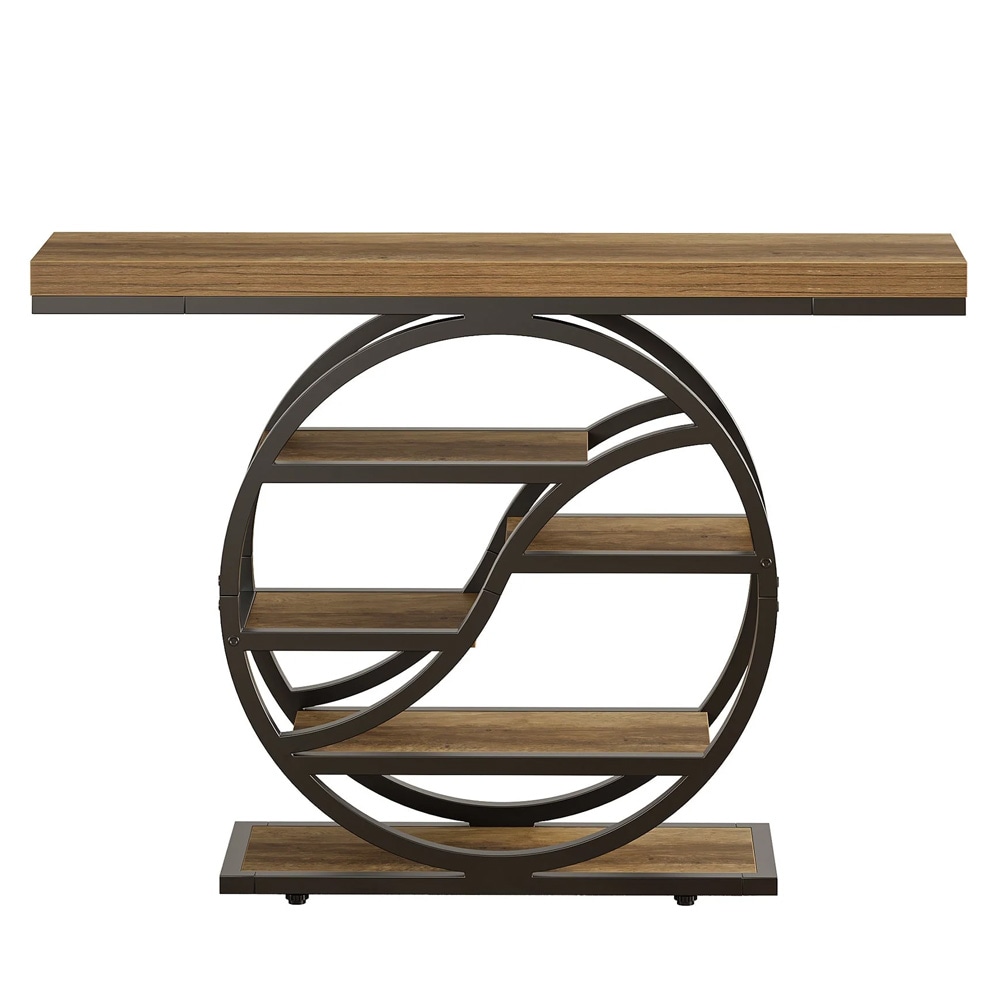 Konsolbord 120×30×88 cm / avlastningsbord / sidobord med rund metallram och hyllor – Brun/svart