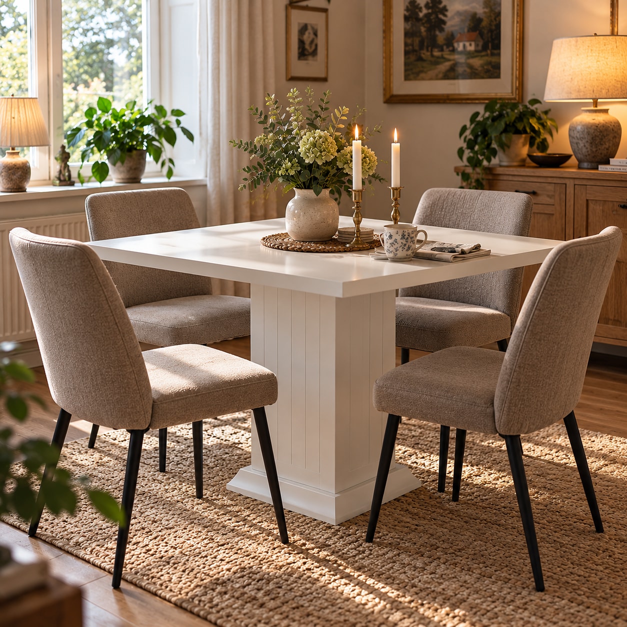 Kvadratiskt matbord 90x90cm för 4 personer / Fyrkantigt köksbord / Vitt pelarbord
